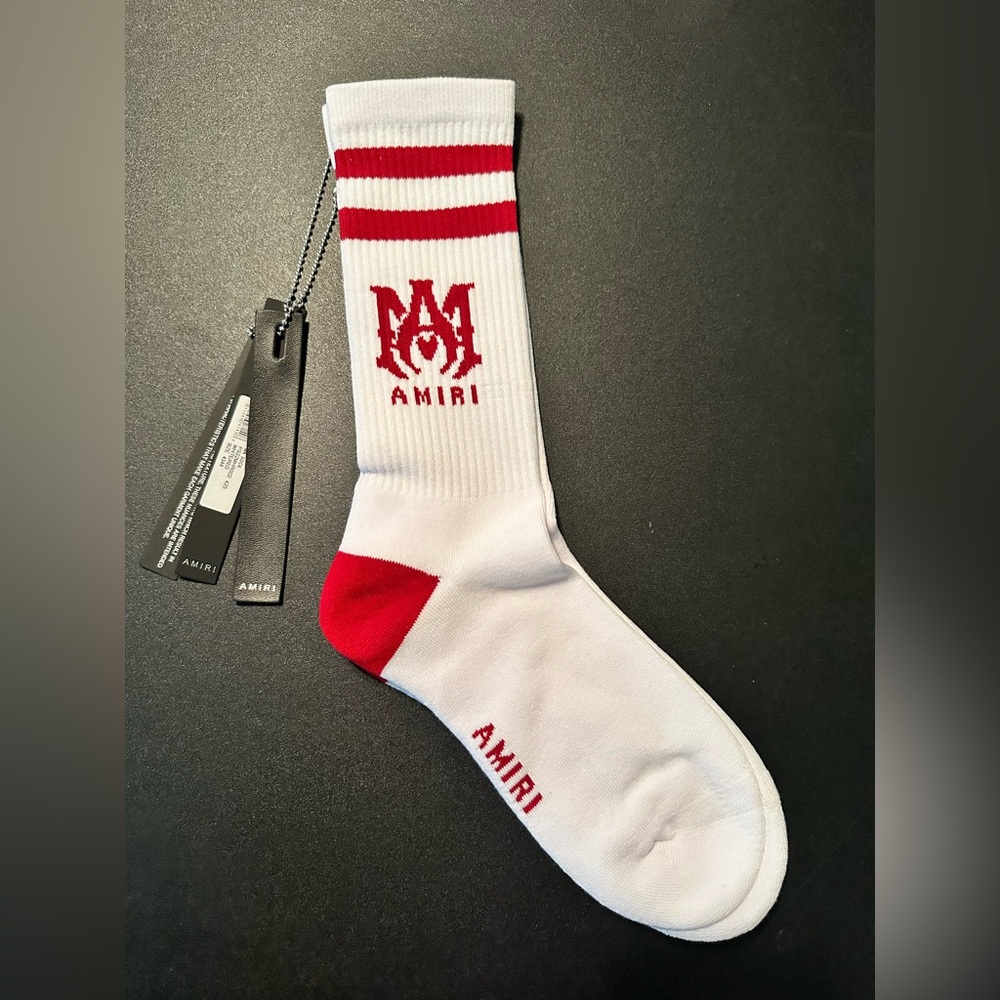 Amiri White & RED M.A. LOGO Crew Ribbed Socks Size 43-44 ( Size 10-11) NEW